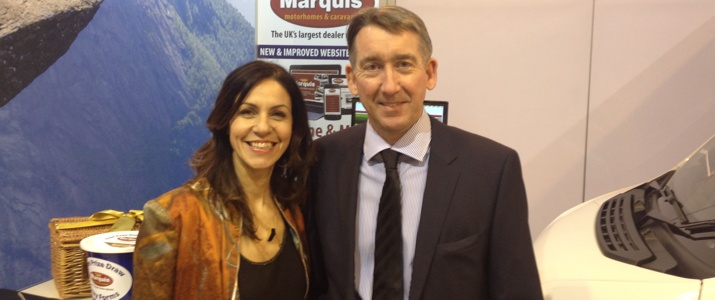 Julia Bradbury and Mike Crouch, MD of Marquis Motor homes enjoying the NEC Camping, Caravan and Motorhome Show