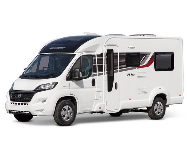 Although a coachbuilt motorhome, the four-berth Rio 340, based on the latest Fiat Ducato with a 2.3-litre 130bhp engine, paired with a special Fiat low-line chassis, is the same width as a panel van, so will appeal to those looking for the benefits of a smaller vehicle – easier to park on the front drive, and to pilot along narrow country lanes.

The 340 has the added benefit of a front dinette and an electronically operated drop-down bed in the rear lounge.


 	Fiat chassis cab
 	New Black metallic cab and Black Edition graphics
 	LED daytime running lights
 	New Fiat Euro 6 130bhp, 2.3 litre engine
 	Dashboard design with fully integrated factory-fit DAB
 	Radio/MP3 player with Bluetooth, switch-off timing adjustable up to 3 hours and wing mirror antenna for better reception
 	Cab battery isolation switch to prevent discharge in storage
 	Driver and passenger airbags
 	Concertina windscreen blind and side window blinds ...