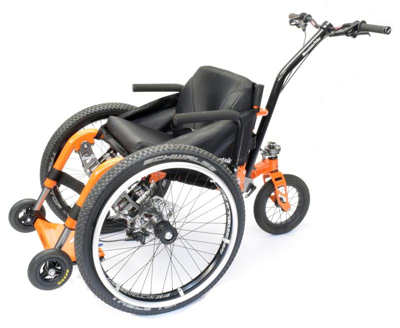 The MT Push has very similar features to that of the Mountain Trike, however the unique lever drive system has been removed and replaced with a push handle, located behind the rider which is where the steering and braking takes place by the riders buddy. Adjustable arm rests have been added for rider comfort.  The MT Push provides inclusive access to a wide variety of terrain - mud, gravel, grass, snow, sand and uneven pathways.  It is suited for riders who aren’t able to self-propel but still want to enjoy the outdoors with friends and family.