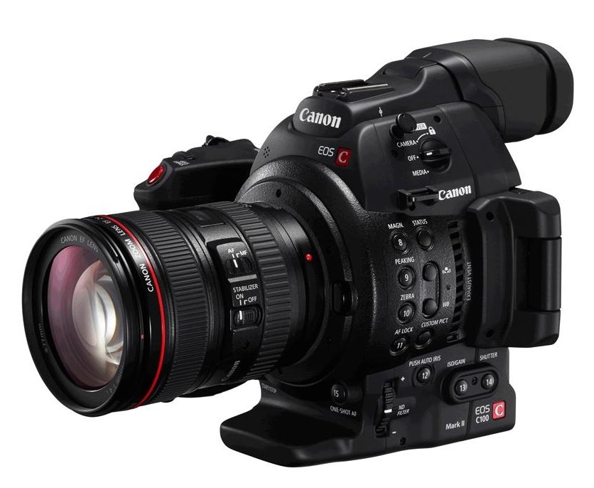 The Canon C100 Mark II is a new addition to Canon’s range of Cinema EOS cameras, offering unparalleled creative options. The C100 II offers a comprehensively upgraded package, delivering improved image quality and greater creative flexibility alongside easier operation and wireless sharing capabilities.

 	Super 35mm format 8.3 MP CMOS sensor & 4 Image Processor
 	Dual Pixel CMOS Autofocus as standard
 	Improved and re-designed OLED monitor and Colour Viewfinder
 	ISO range of 320 – 102,400
 	28 Mbps (MAX) ACVHD MPEG-4 H.264 recording.
 	Stereo microphones built in to detachable handle, PRO XLR connectors included & built in microphone on camera body
 	Wide Dynamic Range (Wide DR) Gamma setting
 	2 x SD memory card slots
 	Same 2k RGB processing as found in the C500