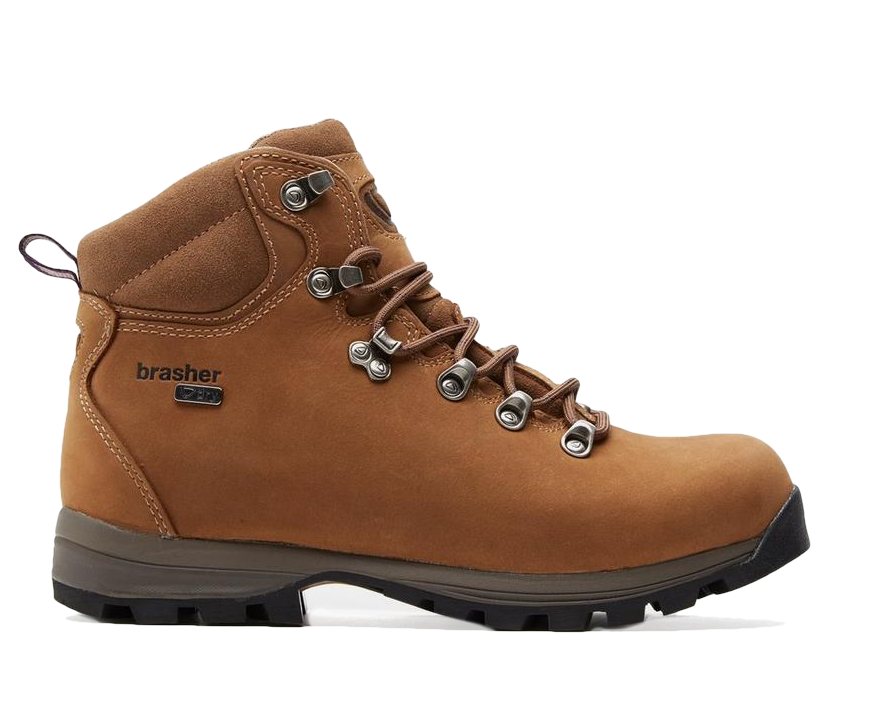 Known simply as “The Brasher” the boot exemplified true British craftsmanship and innovation, featuring a suede upper with a bellows tongue, a triple density sole composed of shock absorbing EVA and a waterproof membrane for complete moisture protection. This feature set is still used in top level mountaineering boots today.

(These are BRASHER Women’s Country Master Walking Boots)