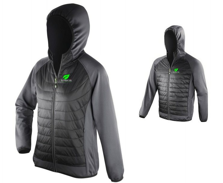 The Outdoor Guide Zero Gravity Jacket

 	Hood and Arms: 92% Polyester 8% Elastane
 	Body: 100% Nylon
 	Filling: Faux down polyester
 	Lining: 100% nylon
 	Printed with left breast logo