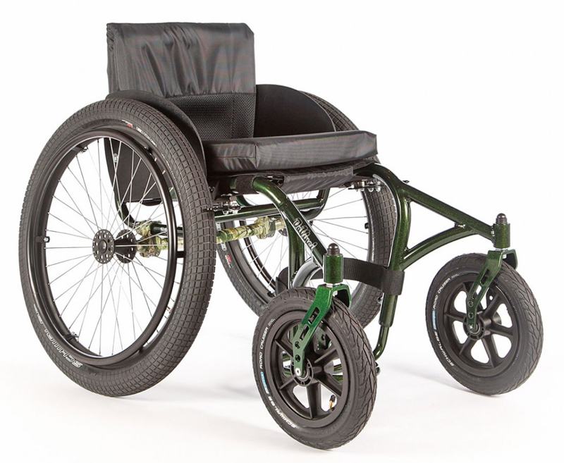 Purpose-built, 0ff-road wheelchair frame with stability and durability in mind.
The frame is made from thin wall aluminium tubing but with extra bracing which gives it strength and keeps the lightness required to travel over the more challenging terrain.
The extra bracing provides strength and the large 12” front and 24” rear mountain bike wheels have  the ability to glide along rough paths and tracks with ease. The frame shape allows the fitting of most powered and none-powered hand-crank cycles, powered front wheel attachments, powered rear wheel sets.
