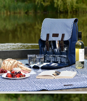 Holiday Accent offers a variety of 2 or 4-person picnic backpacks to ease the strain of carrying your refreshments for al-fresco dining.  The backpacks are fitted with plates and utensils.