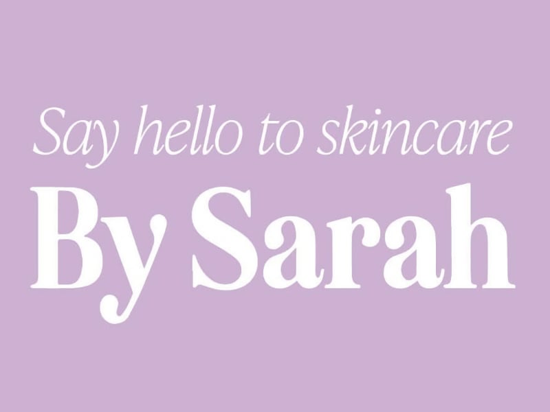 By Sarah London Logo, natural skincare range. White wording on a lilac background.