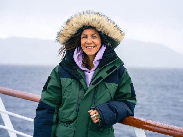 Wonders of the Frozen South Episode 1 Falklands, Julia Bradbury stands on the deck of a ship.